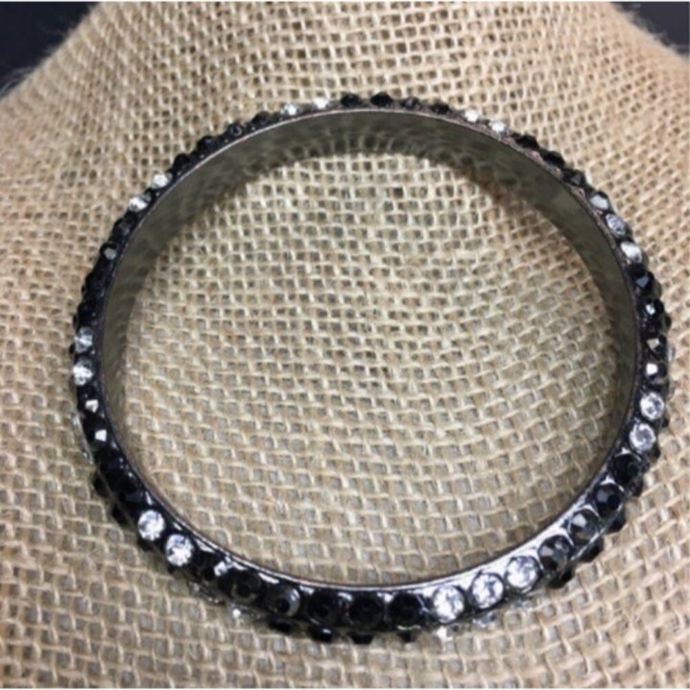 Rhinestone Bangle Bracelet Black Smoky Grey Gray Clear Silver Bling Glam Retro - Picture 2 of 3